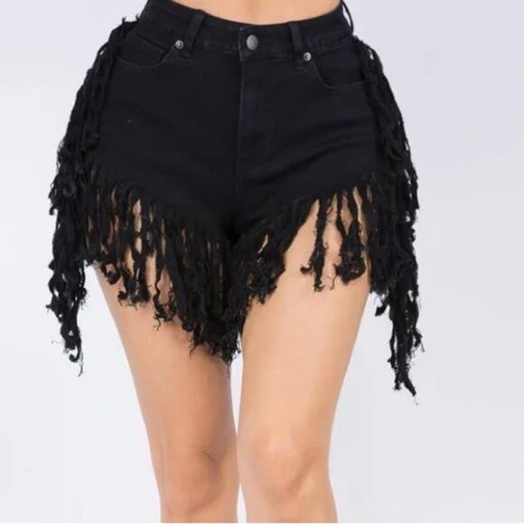 NWT American Bazi Fringe Denim Shorts Womens L Black High Rise Grunge Bimbocore - Picture 1 of 7